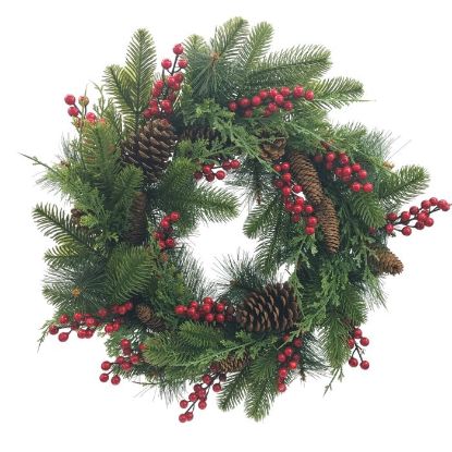 Picture of 60cm CHRISTMAS SPRUCE & PINE WREATH WITH BERRIES & CONES NATURAL/RED