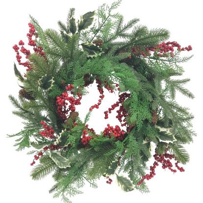 Picture of 60cm CHRISTMAS SPRUCE & HOLLY WREATH WITH CONES & BERRIES GREEN/RED