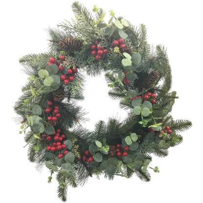 Picture of 60cm CHRISTMAS WREATH WITH EUCALYPTUS SPRUCE BERRIES & CONES NATURAL/RED