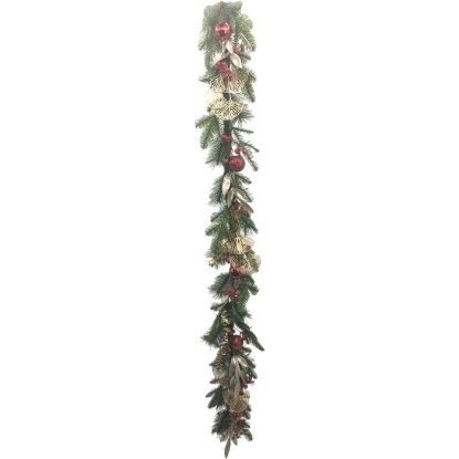 Picture of 185cm CHRISTMAS SPRUCE GARLAND WITH LEAVES & BAUBLES RED/GOLD