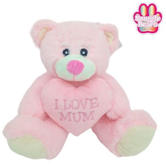 Picture of 25cm (10 INCH) SNUGGLE BEARS SITTING BEAR WITH I LOVE MUM HEART PINK