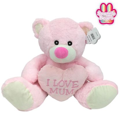 Picture of 38cm (15 INCH) SNUGGLE BEARS SITTING BEAR WITH I LOVE MUM HEART PINK