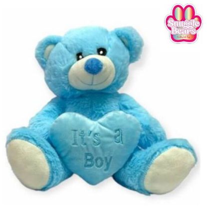 Picture of 38cm (15 INCH) SNUGGLE BEARS SITTING BABY BEAR WITH ITS A BOY HEART BLUE