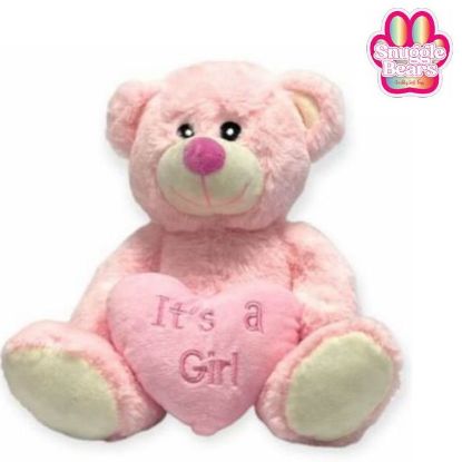 Picture of 38cm (15 INCH) SNUGGLE BEARS SITTING BABY BEAR WITH ITS A GIRL HEART PINK