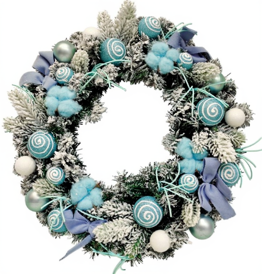 Picture of 50cm BAUBLE WREATH WITH BOWS BLUE/WHITE