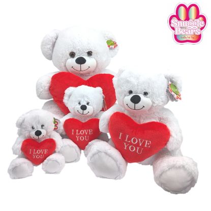 Picture of 20cm (8 INCH) SNUGGLE BEARS SITTING BEAR WITH RED I LOVE YOU EMBROIDERY HEART WHITE