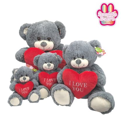 Picture of 28cm (11 INCH) SNUGGLE BEARS SITTING BEAR WITH RED I LOVE YOU EMBROIDERY HEART GREY