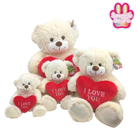 Picture of 20cm (8 INCH) SNUGGLE BEARS SITTING BEAR WITH RED I LOVE YOU EMBROIDERY HEART IVORY