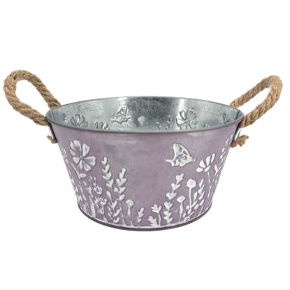 Picture of 18cm METAL ROUND PLANTER WITH ROPE EARS & FLORAL DECO PURPLE/WHITE