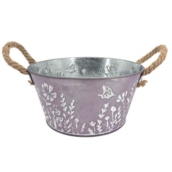 Picture of 18cm METAL ROUND PLANTER WITH ROPE EARS & FLORAL DECO PURPLE/WHITE