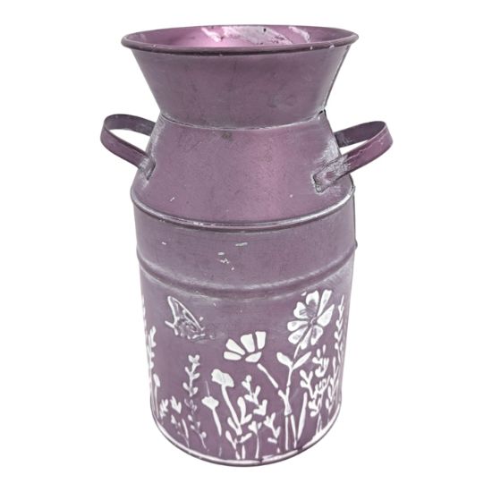 Picture of 19cm METAL MILK CHURN WITH FLORAL DECO PURPLE/WHITE