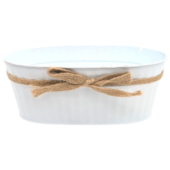 Picture of 25cm METAL OVAL PLANTER WITH HESSIAN BOW WHITE
