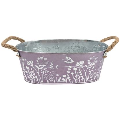 Picture of 25cm METAL OVAL PLANTER WITH FLORAL DECO PURPLE/WHITE