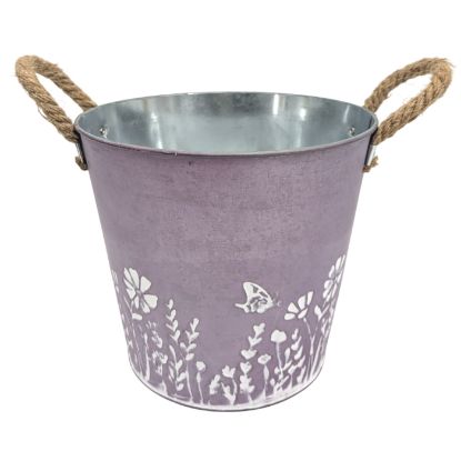 Picture of 18cm METAL ROUND POT WITH ROPE EARS & FLORAL DECO PURPLE/WHITE