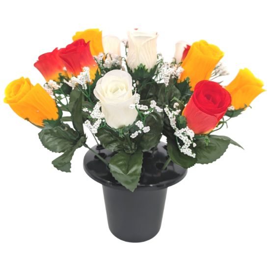 Picture of CEMETERY POT WITH ROSEBUDS & GYP IVORY/BRIGHT ORANGE/RED