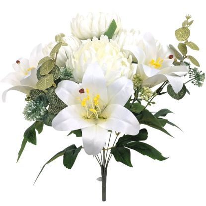 Picture of 45cm LILY & BALL MUM BUSH WITH EUCALYPTUS IVORY