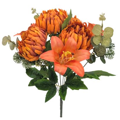 Picture of 45cm LILY & BALL MUM BUSH WITH EUCALYPTUS ORANGE