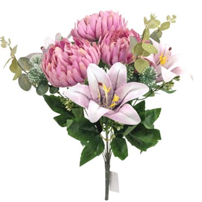 Picture of 45cm LILY & BALL MUM BUSH WITH EUCALYPTUS DUSTY PINK