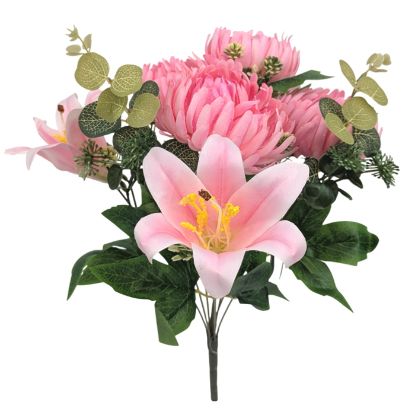 Picture of 45cm LILY & BALL MUM BUSH WITH EUCALYPTUS PINK