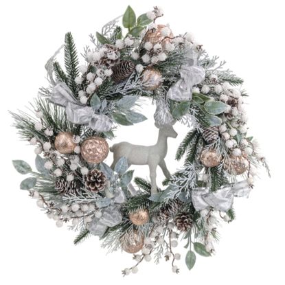 Picture of 50cm (20 INCH) LUXURY CHRISTMAS REINDEER WREATH WITH BAUBLES BOWS & CONES WHT/CHAMPAGNE