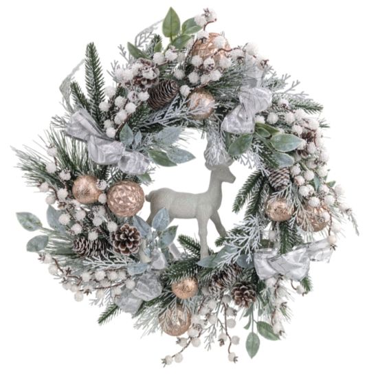 Picture of 50cm (20 INCH) LUXURY CHRISTMAS REINDEER WREATH WITH BAUBLES BOWS & CONES WHT/CHAMPAGNE