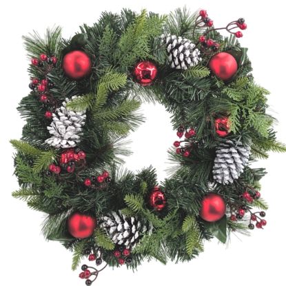 Picture of 50cm (20 INCH) CHRISTMAS CONE BAUBLE & BERRY WREATH RED/WHITE