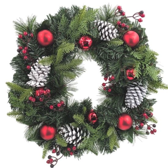 Picture of 50cm (20 INCH) CHRISTMAS CONE BAUBLE & BERRY WREATH RED/WHITE