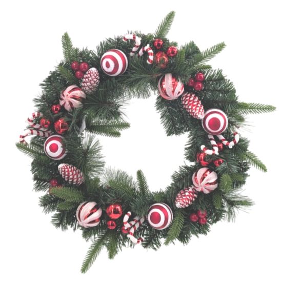 Picture of 50cm (20 INCH) LUXURY CHRISTMAS CANDY CANE & BAUBLE WREATH RED/WHITE
