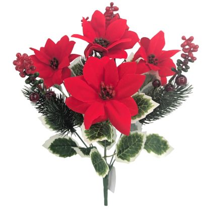 Picture of 40cm VELVET TOUCH POINSETTIA SPRUCE BERRY & HOLLY BUSH RED