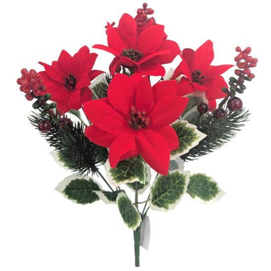 Picture of 40cm VELVET TOUCH POINSETTIA SPRUCE BERRY & HOLLY BUSH RED