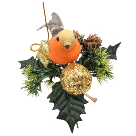 Picture of CHRISTMAS PICK WITH ROBIN PARCEL CONE & GLITTER APPLE GOLD X 72pcs