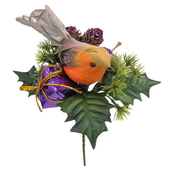 Picture of CHRISTMAS PICK WITH ROBIN PARCEL CONE & GLITTER APPLE PURPLE X 72pcs
