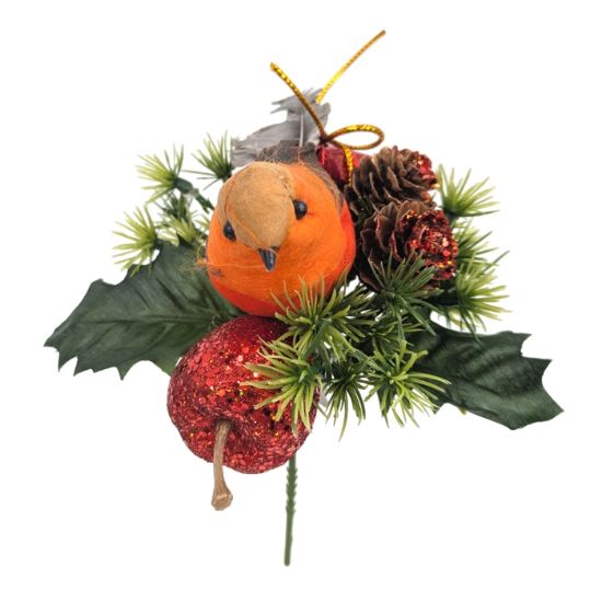 Picture of CHRISTMAS PICK WITH ROBIN PARCEL CONE & GLITTER APPLE RED X 72pcs