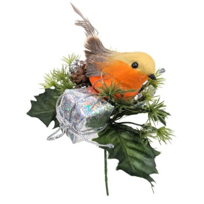 Picture of CHRISTMAS PICK WITH ROBIN PARCEL CONE & GLITTER APPLE SILVER X 72pcs