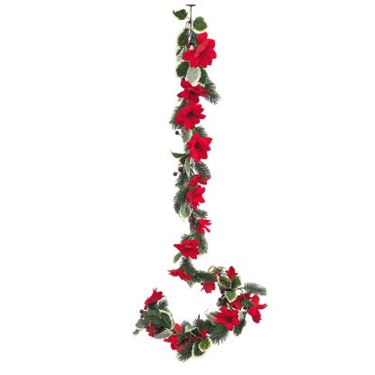 Picture of 175cm VELVET TOUCH POINSETTIA SPRUCE BERRY & HOLLY GARLAND RED